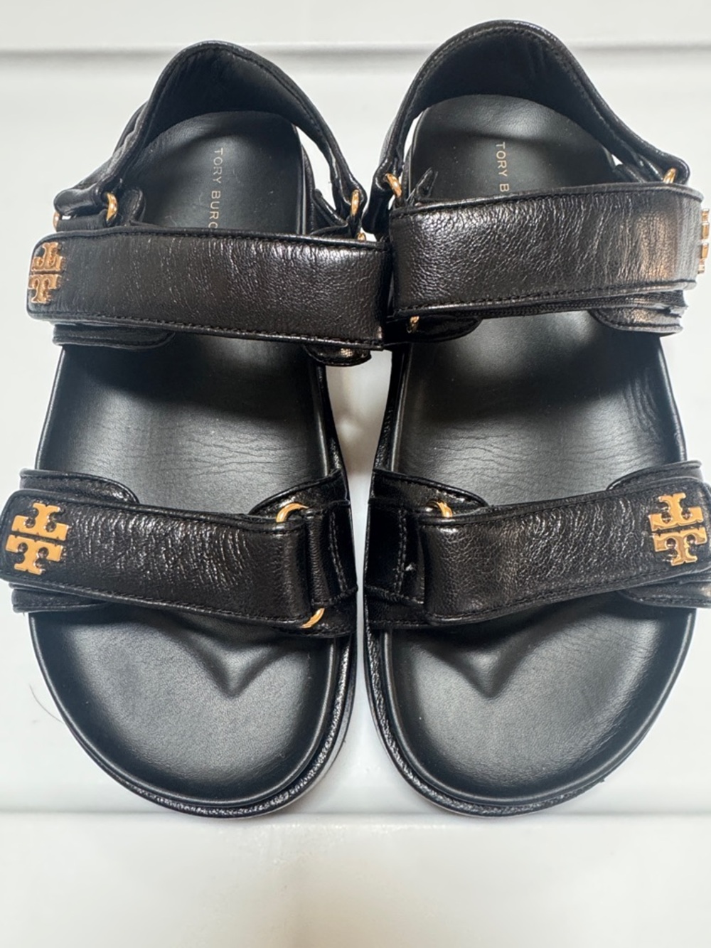 Tory Burch Kira Black Leather Platform Sport Sandals with Gold Logo Size 8 - Picture 2 of 11